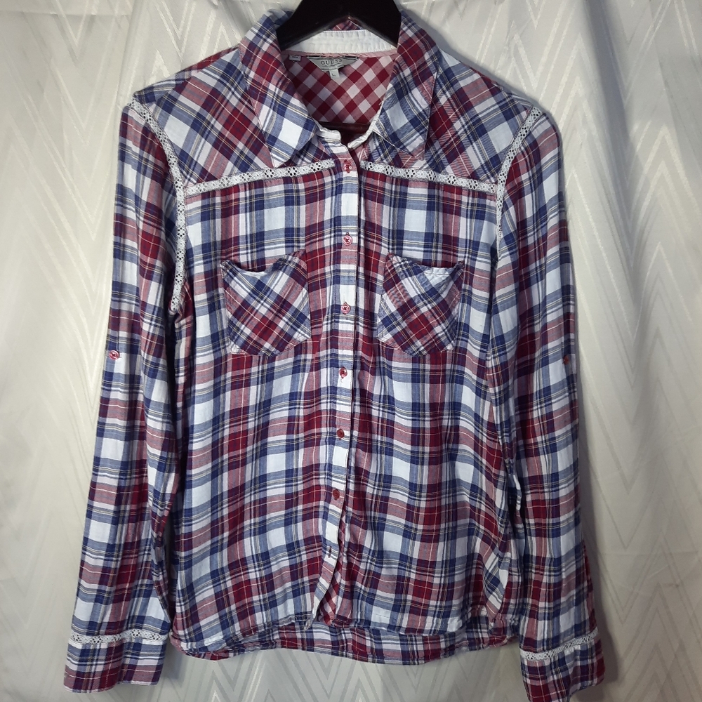 GUESS Plaid Shirt with Lace Trim
